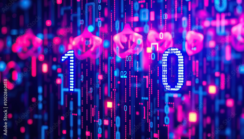 Poster binary code glowing numbers 1 and 0 with digital neon lights advance technology background
