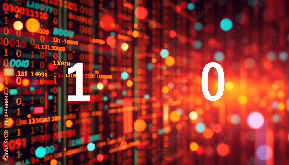 Aufkleber binary numbers 1 and 0 with glowing circuitry technical advance coding background