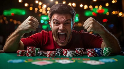 A man celebrates a poker win, surrounded by chips, in a lively casino atmosphere.