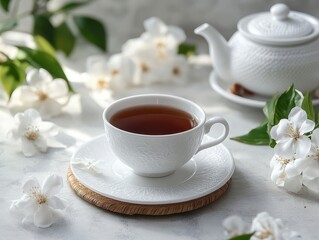 A serene tea scene featuring a cup of tea, teapot, and delicate flowers on a softly lit table.