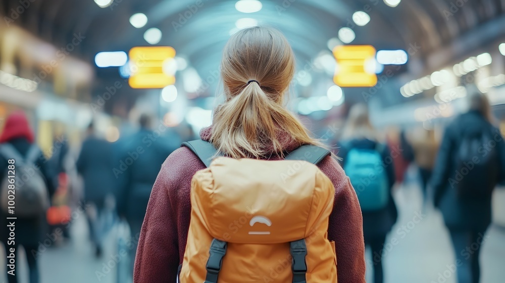 Poster woman s back as she navigates bustling train station blurred passengers rushing around in the backgr