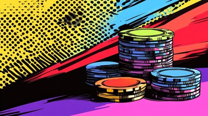 A vibrant illustration of stacked poker chips with a bold, colorful background, evoking excitement and energy associated with gaming.