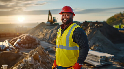 Twilight's Gentle Touch: A Construction Worker's Smile in Front of a Fuzzy Construction Site