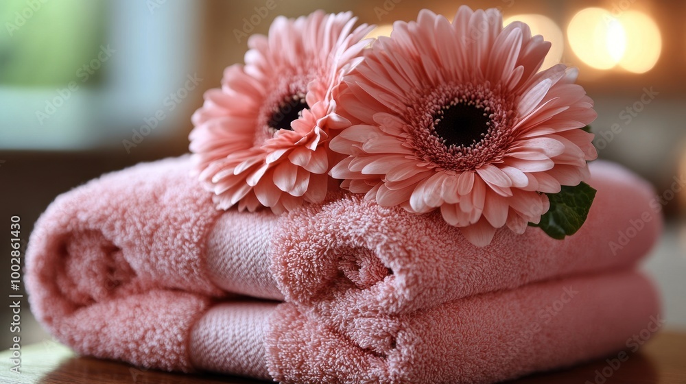 Poster soft pink towels neatly stacked and adorned with vibrant flowers, creating a calming atmosphere in a