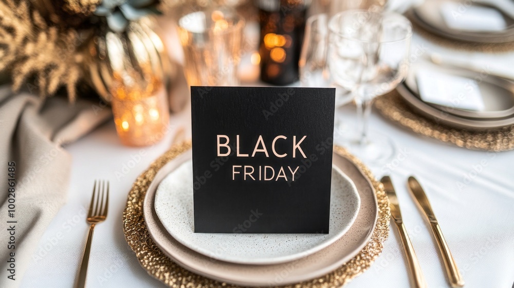 Poster a black friday sign is placed on a table with a fancy dinner setting
