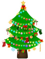 A Christmas tree is decorated by dangling colorful fairy lights and ornaments is isolated background