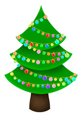 A Christmas tree is decorated by dangling colorful fairy lights is isolated background 