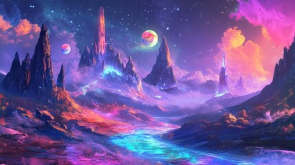 Fototapeta premium A vibrant, surreal landscape featuring colorful mountains, a luminous river, and celestial bodies against a starry sky.