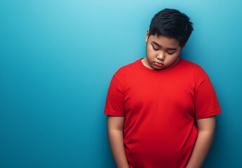 Overweight Asian teen boy wearing a red T-shirt, standing with his head down, sad facial expression isolated on blue background. Concept of weight loss and unhappy childhood