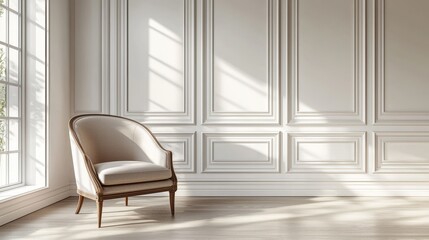 Fototapeta premium Classic White Paneled Wall with Vintage Armchair, Interior Design, Home Decor, interior design, home decor