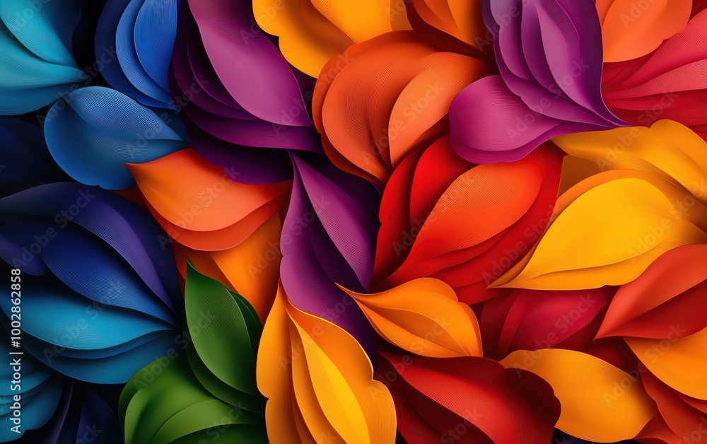 Poster vibrant abstract design featuring layered petals in various colors, creating a dynamic and colorful 