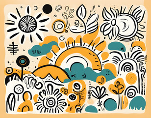 Abstract hand drawn doodle sunshine shapes in trendy childishly background