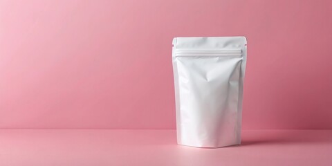 A high-quality mockup of a white stand-up pouch on a pink background