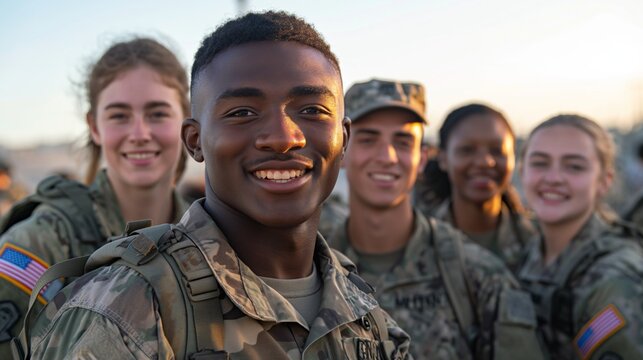 A group of young soldiers in military uniforms smile confidently, showcasing camaraderie and teamwork. - Powered by Adobe