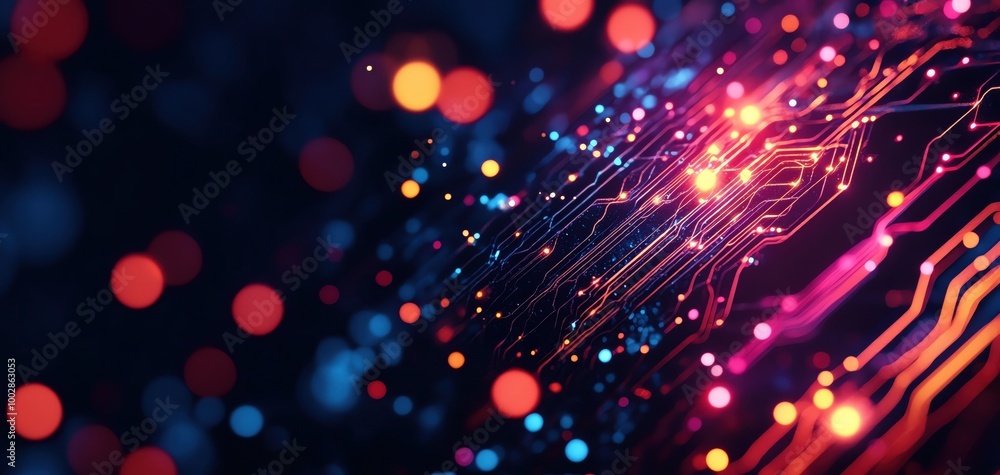 Poster vibrant abstract design with glowing lines and colorful dots, representing digital technology and in