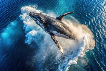 Obraz premium A humpback whale breaching out of the ocean with aerial view