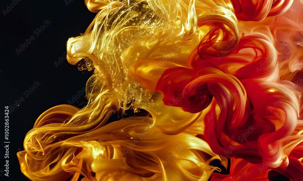 Poster a closeup shot of red and gold ink swirling in water, creating abstract patterns against a transpare