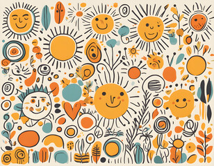 Abstract hand drawn doodle sunshine shapes in trendy childishly background