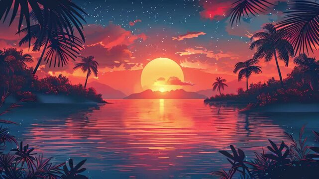 Panoramic view of a colorful sunset sky and seascape with dramatic sky. Ideal for vacation and beach holiday themes. Summer and Travel Background for poster, banner, cover, card, story, summer Sale