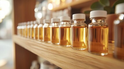 A close-up of small glass homeopathic vials standing in a row on a wooden shelf in a brightly lit wellness store, creating a clean, inviting atmosphere