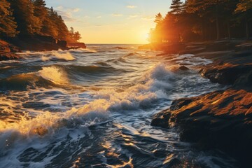 Scenic seashores at sunset with waves crashing against rocky shores and vibrant colors lighting the sky