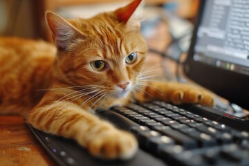 A cat is sitting on a keyboard and typing