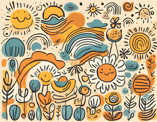 Abstract hand drawn doodle sunshine shapes in trendy childishly background