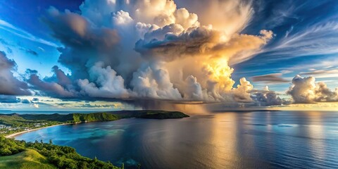 A large thundercloud blocking the sun over Cetti Bay and Sella Bay off the west coast of Guam seen from aerial perspective