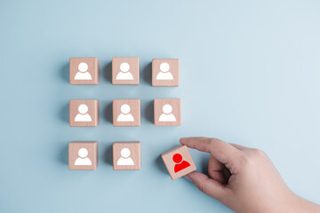 Businessman hand holding wood cubes with light bulb icon, HR Human and people icon,Technology Process System Business with Recruitment, Hiring, Team Building.Organisation structure concept.