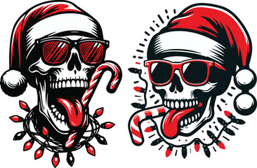 Christmas skulls with Santa hats, sunglasses, and candy canes two various spooky poses