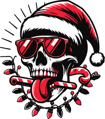 Santa Claus Skull Wearing a Christmas Hat with Sunglass, candy, Vector Illustration