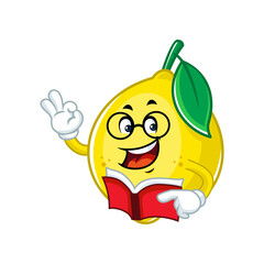 Smiling lemon cartoon character wearing glasses and reading a book.  Concept of knowledge, education, and learning.