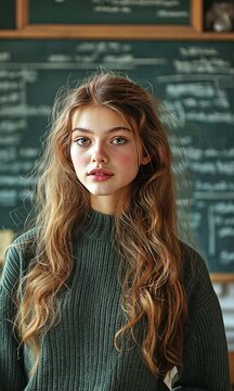 Caucasian female answering homework during class while standing near the board and reciting English grammar rules