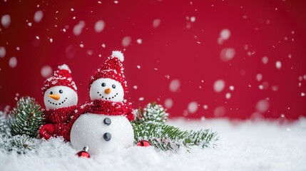 Obraz premium Cheerful snowmen decorated for a festive winter scene