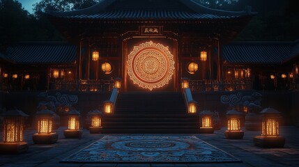 Obraz premium A large mandala projection illuminating the front of a temple at night with lanterns lining the temple steps