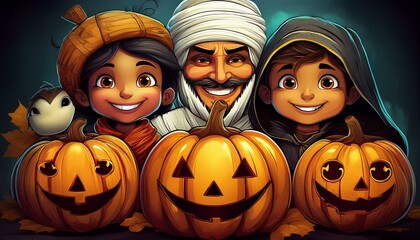 Fototapeta premium A family of pumpkins (big, medium, small) with smiling faces