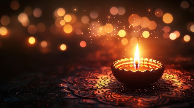 A single diya surrounded by a glowing bokeh light effect illuminating a mandala pattern in the background with ample space for text