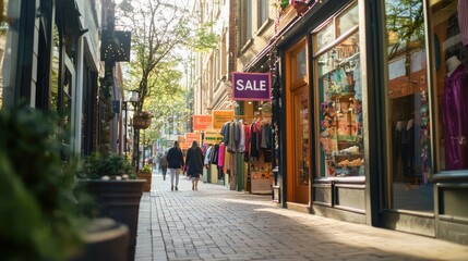 Naklejka premium Wide-angle shot of a street with small boutique shops displaying colorful Sale signs, captured in the late afternoon as shoppers walk by