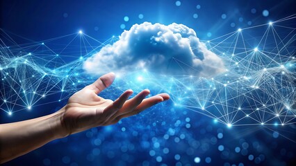 Hand Reaching Out to Cloud with Holographic Glowing Particles - Cloud Computing Concept