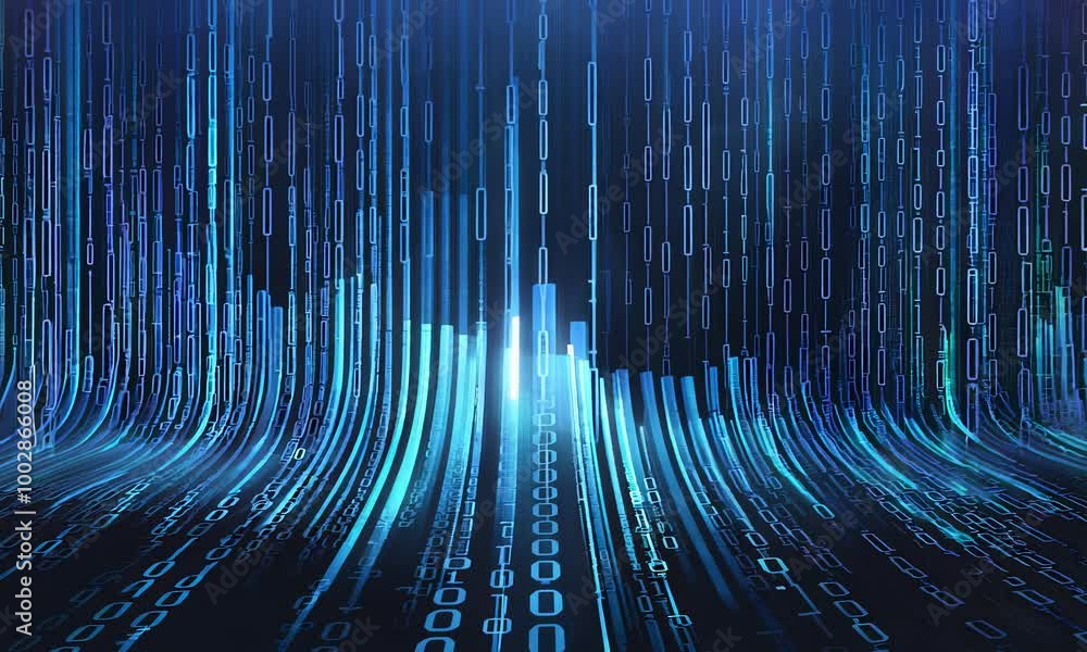 Poster a captivating abstract image of a digital binary code flowing and converging in a glowing blue light