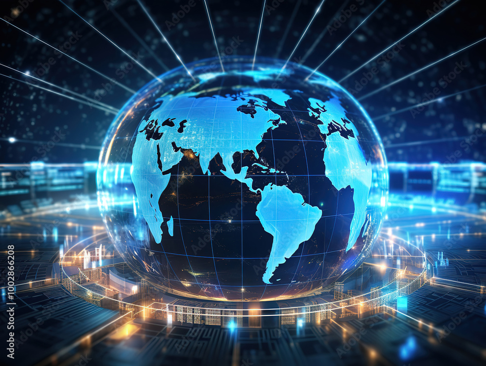 Poster global technologies data on the world map banner background. 3d computer network