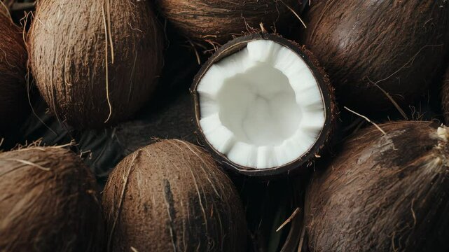 Slow pan over fresh ripe coconuts laying/stacked on top of each other. A cracked coconut with white pulp in center. Tropical exotic nuts, treats, fruits background. Organic nutritious food backdrop.