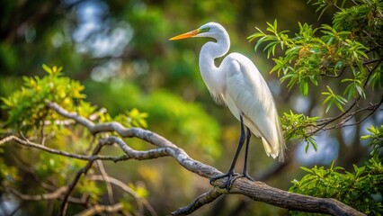 Fototapeta premium A majestic great white heron perched on a tree branch