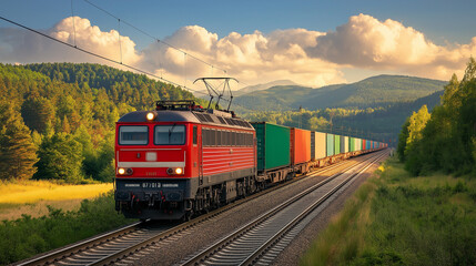 Obraz premium Railway Freight Transport: A long freight train carrying a variety of goods through a scenic landscape, representing the vital role of railways in the transportation business.