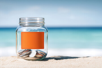 Savings jar on sandy beach with ocean background