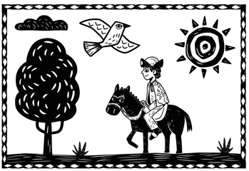 A cowboy in a nature setting, with birds, tree and cloud. Woodcut style, separate vectors.