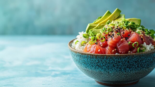 Close-up of a vibrant poke bowl filled with fresh tuna, avocado, and rice, set against a minimalist blue background