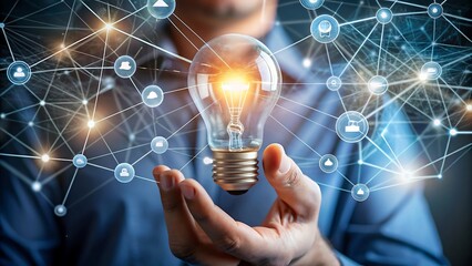 Hand Holding Bulb with Holographic Icons, New Idea Concept
