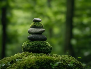 A group of moss-covered stones forming a natural seating area in a forest, moss and stone, outdoor retreat concept