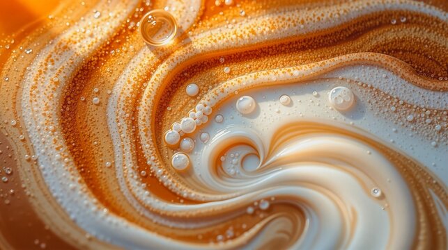 Swirling Citrus Dream , A captivating close-up image featuring a vibrant swirl of orange and white hues with delicate bubbles floating on the surface. - Powered by Adobe